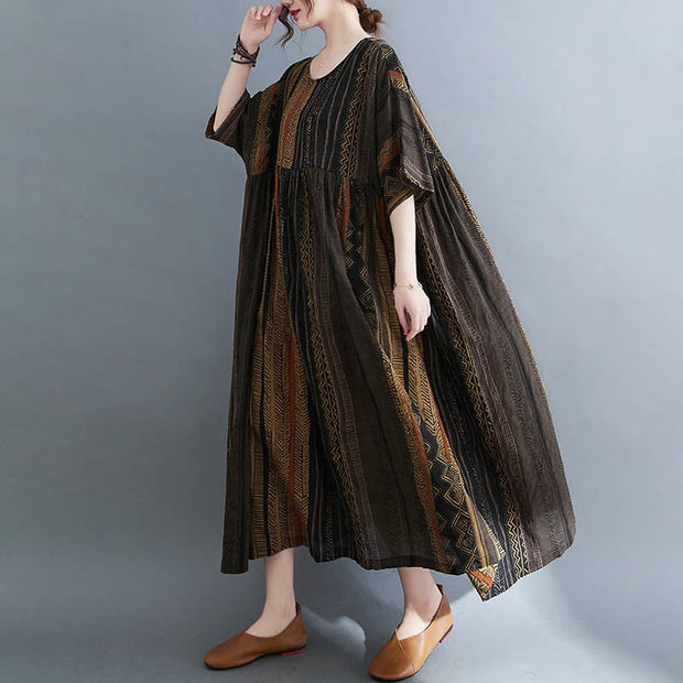 Buddha Stones Boho Geometry Short Sleeve Midi Dress With Pockets Midi Dress BS 15