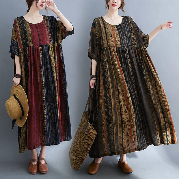 Buddha Stones Boho Geometry Short Sleeve Midi Dress With Pockets Midi Dress BS main