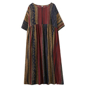 Buddha Stones Boho Geometry Short Sleeve Midi Dress With Pockets Midi Dress BS 11
