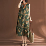 Buddha Stones Casual Sleeveless Flower Printed Button Cotton Linen Midi Dress Midi Dress BS 8