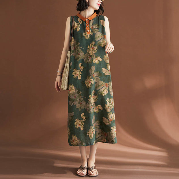 Buddha Stones Casual Sleeveless Flower Printed Button Cotton Linen Midi Dress Midi Dress BS 9