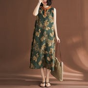Buddha Stones Casual Sleeveless Flower Printed Button Cotton Linen Midi Dress Midi Dress BS 11