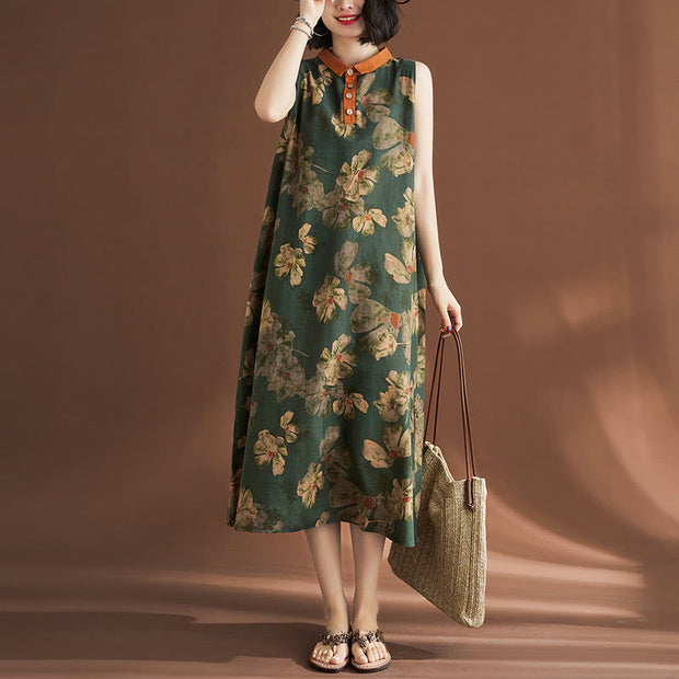 Buddha Stones Casual Sleeveless Flower Printed Button Cotton Linen Midi Dress Midi Dress BS 11