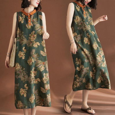 Buddha Stones Casual Sleeveless Flower Printed Button Cotton Linen Midi Dress Midi Dress BS F(Fit for US4-8/10; UK/AU8-12/14; EU36-40/42)