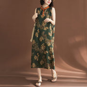 Buddha Stones Casual Sleeveless Flower Printed Button Cotton Linen Midi Dress Midi Dress BS 1