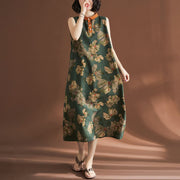 Buddha Stones Casual Sleeveless Flower Printed Button Cotton Linen Midi Dress Midi Dress BS 15