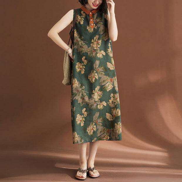 Buddha Stones Casual Sleeveless Flower Printed Button Cotton Linen Midi Dress Midi Dress BS 3