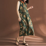 Buddha Stones Casual Sleeveless Flower Printed Button Cotton Linen Midi Dress Midi Dress BS 17