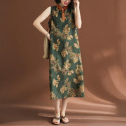Buddha Stones Casual Sleeveless Flower Printed Button Cotton Linen Midi Dress Midi Dress BS 16
