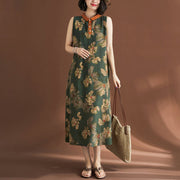 Buddha Stones Casual Sleeveless Flower Printed Button Cotton Linen Midi Dress Midi Dress BS 14