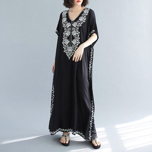 Buddha Stones Summer Embroidery Flower V-Neck Short Sleeve Maxi Dress Maxi Dress BS 9
