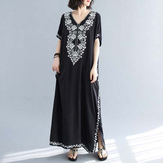 Buddha Stones Summer Embroidery Flower V-Neck Short Sleeve Maxi Dress Maxi Dress BS F(Fit for US4-14; UK/AU8-18; EU36-46)
