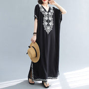 Buddha Stones Summer Embroidery Flower V-Neck Short Sleeve Maxi Dress Maxi Dress BS 8