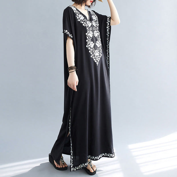 Buddha Stones Summer Embroidery Flower V-Neck Short Sleeve Maxi Dress Maxi Dress BS 2