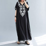 Buddha Stones Summer Embroidery Flower V-Neck Short Sleeve Maxi Dress Maxi Dress BS 1
