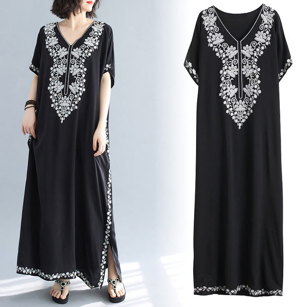 Buddha Stones Summer Embroidery Flower V-Neck Short Sleeve Maxi Dress Maxi Dress BS 13
