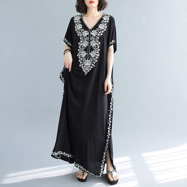 Buddha Stones Summer Embroidery Flower V-Neck Short Sleeve Maxi Dress Maxi Dress BS 10