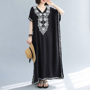 Buddha Stones Summer Embroidery Flower V-Neck Short Sleeve Maxi Dress Maxi Dress BS 11