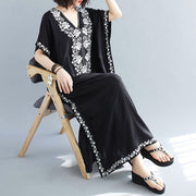 Buddha Stones Summer Embroidery Flower V-Neck Short Sleeve Maxi Dress Maxi Dress BS 4