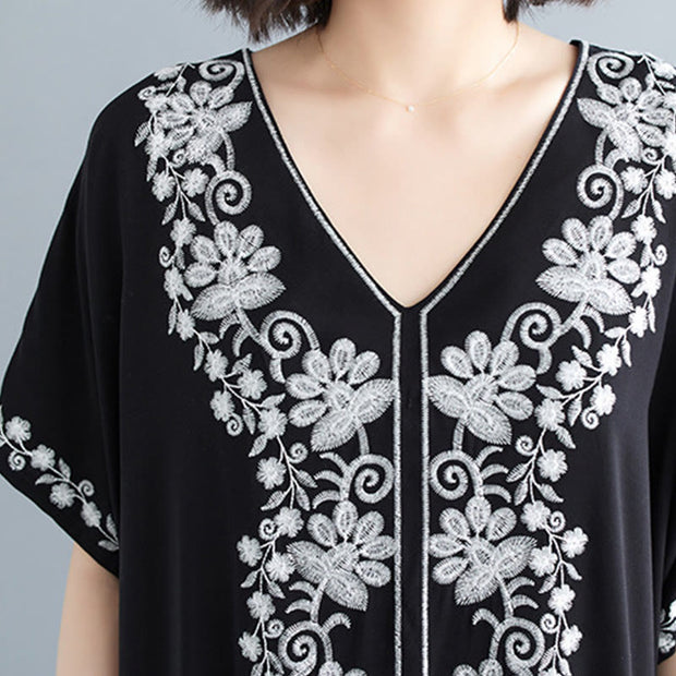 Buddha Stones Summer Embroidery Flower V-Neck Short Sleeve Maxi Dress Maxi Dress BS 5