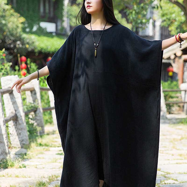 Buddha Stones Solid Color Loose Batwing Sleeve Maxi Dress With Pockets Maxi Dress BS Black F(Fit for US4-14; UK/AU8-18; EU36-46)