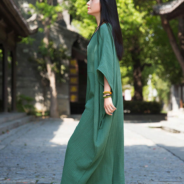 Buddha Stones Solid Color Loose Batwing Sleeve Maxi Dress With Pockets Maxi Dress BS 26