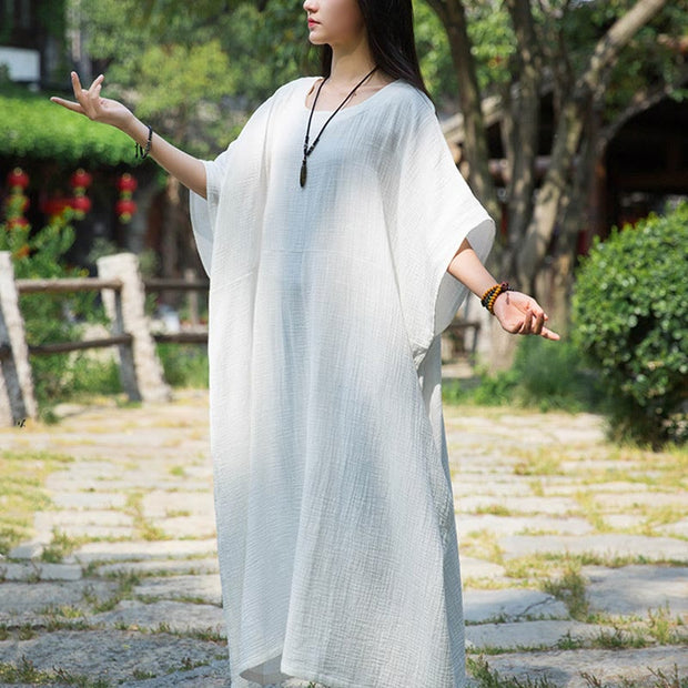 Buddha Stones Solid Color Loose Batwing Sleeve Maxi Dress With Pockets Maxi Dress BS White F(Fit for US4-14; UK/AU8-18; EU36-46)