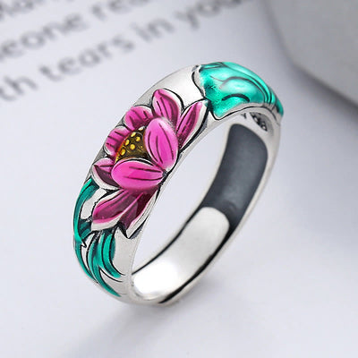 Buddha Stones 925 Sterling Silver Lotus Flower Heart Sutra Enlightenment Ring Ring BS 925 Sterling Silver(Adjustable)