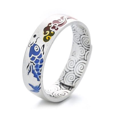 Buddha Stones 925 Sterling Silver Lucky Koi Fish Auspicious Clouds Wealth Ring Ring BS Silver(Adjustable)