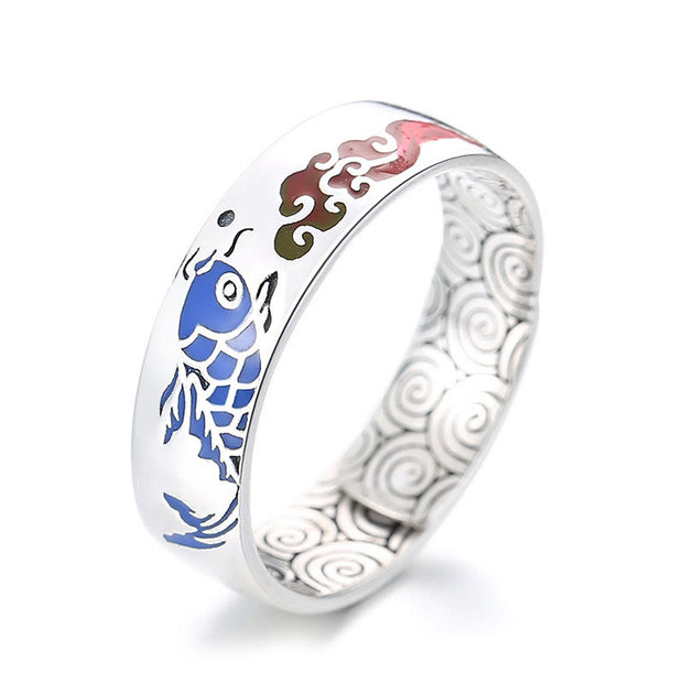 Buddha Stones 925 Sterling Silver Lucky Koi Fish Auspicious Clouds Wealth Ring Ring BS White(Adjustable)