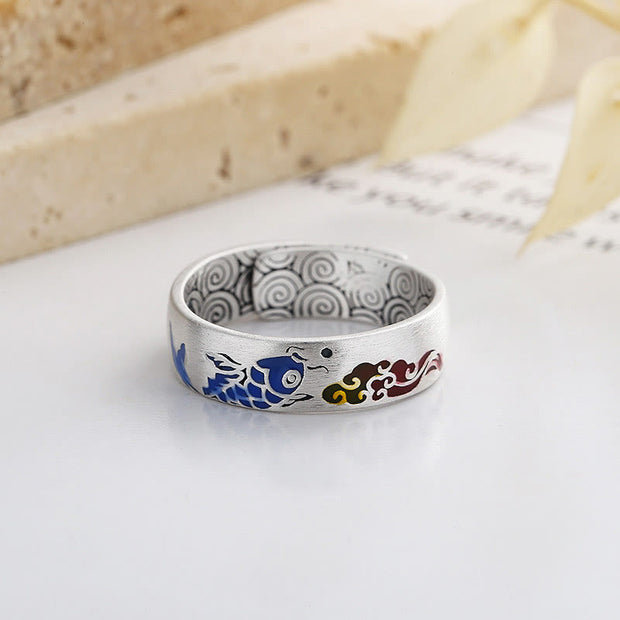 Buddha Stones 925 Sterling Silver Lucky Koi Fish Auspicious Clouds Wealth Ring Ring BS 1