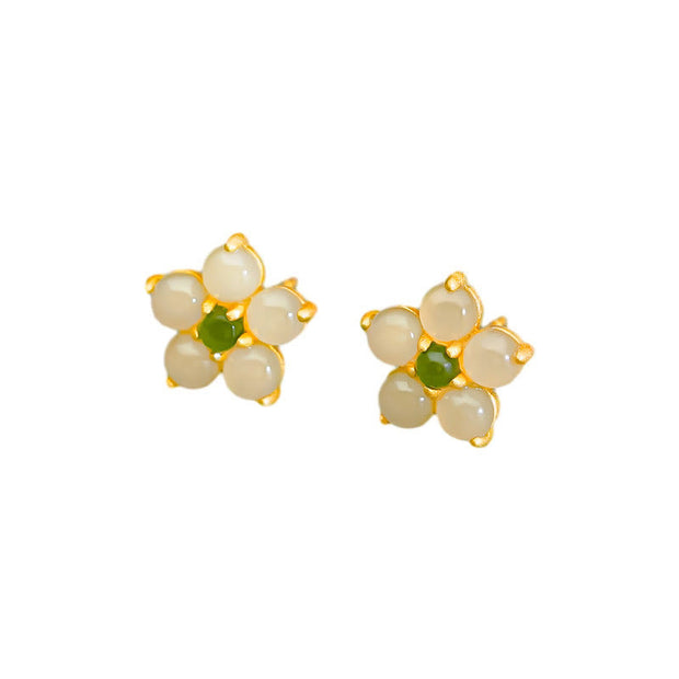 Buddha Stones 925 Sterling Silver Hetian Jade Luck Flower Stud Earrings Earrings BS 8