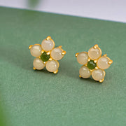 Buddha Stones 925 Sterling Silver Hetian Jade Luck Flower Stud Earrings Earrings BS 1