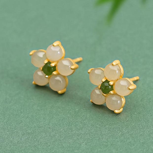 Buddha Stones 925 Sterling Silver Hetian Jade Luck Flower Stud Earrings Earrings BS 2