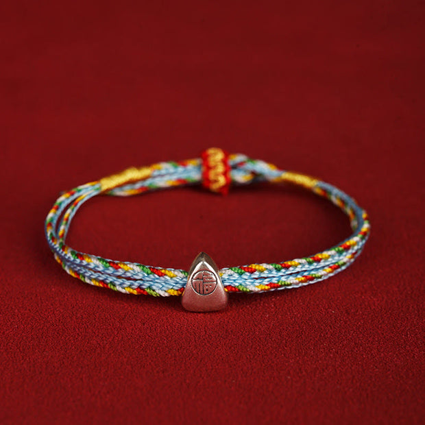 Buddha Stones 925 Sterling Silver Fu Character Luck Multicolored Rope Bracelet Bracelet BS Light Blue 14-20cm