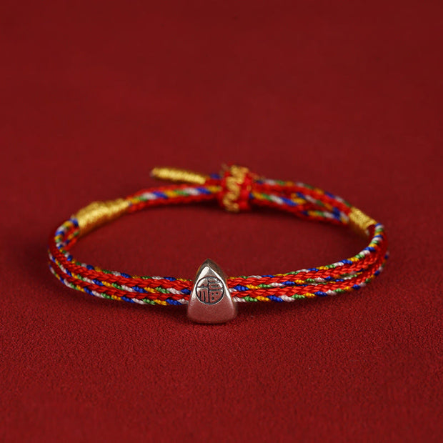 Buddha Stones 925 Sterling Silver Fu Character Luck Multicolored Rope Bracelet Bracelet BS Red 14-20cm