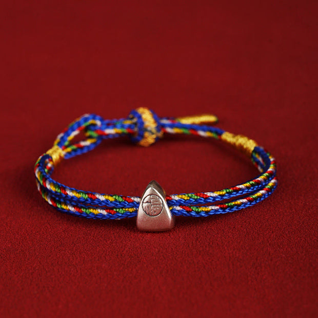 Buddha Stones 925 Sterling Silver Fu Character Luck Multicolored Rope Bracelet Bracelet BS Blue 14-20cm