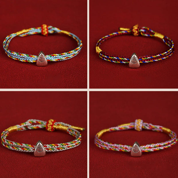 Buddha Stones 925 Sterling Silver Fu Character Luck Multicolored Rope Bracelet Bracelet BS 22