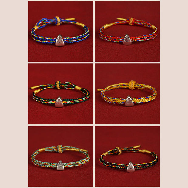 Buddha Stones 925 Sterling Silver Fu Character Luck Multicolored Rope Bracelet Bracelet BS 23