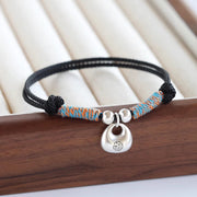 Buddha Stones Handmade 925 Sterling Silver Fu Character Safe And Well Luck Braided Bracelet Bracelet BS Black Rope(Wrist Circumference 14-26cm)
