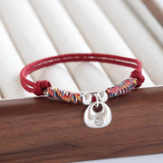 Buddha Stones Handmade 925 Sterling Silver Fu Character Safe And Well Luck Braided Bracelet Bracelet BS Red Rope(Wrist Circumference 14-24cm)