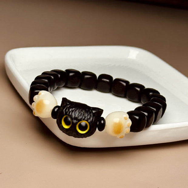 Buddha Stones Ebony Wood Cute Cat Bodhi Seed Paw Claw Peace Bracelet Bracelet BS Ebony Wood(Wrist Circumference 14-16cm)