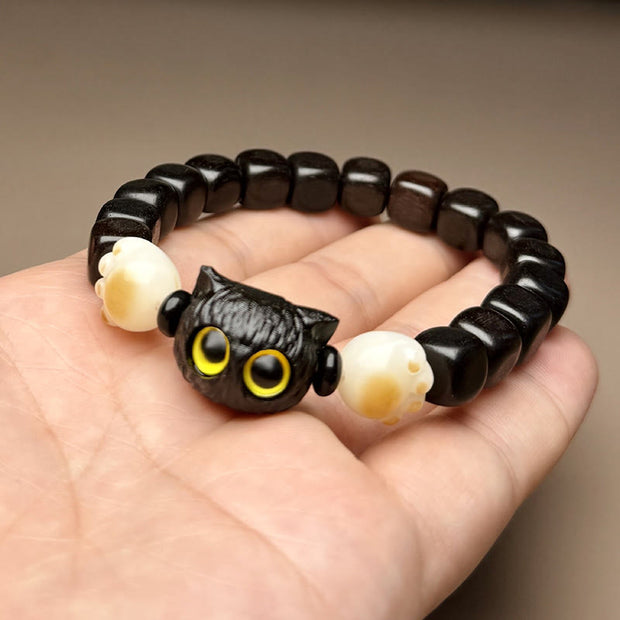 Buddha Stones Ebony Wood Cute Cat Bodhi Seed Paw Claw Peace Bracelet Bracelet BS 4