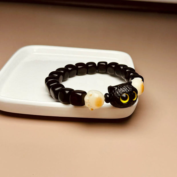 Buddha Stones Ebony Wood Cute Cat Bodhi Seed Paw Claw Peace Bracelet Bracelet BS 8