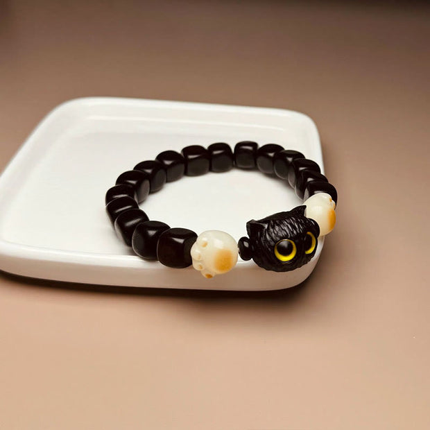 Buddha Stones Ebony Wood Cute Cat Bodhi Seed Paw Claw Peace Bracelet Bracelet BS 7