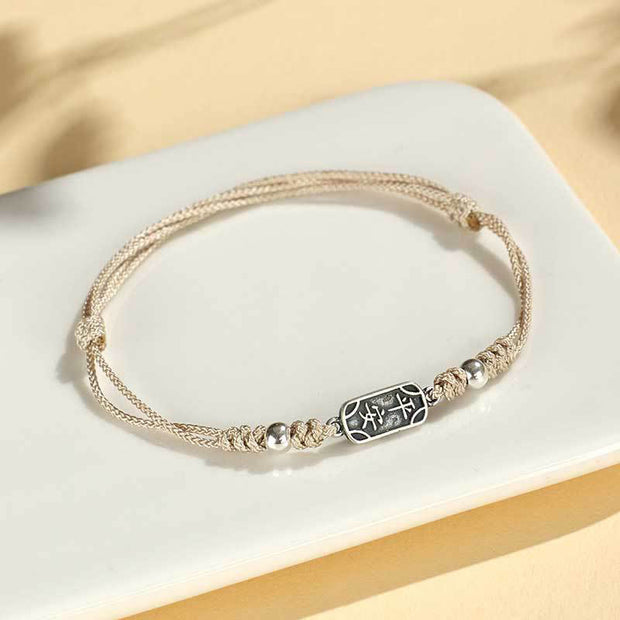 Buddha Stones Handmade 925 Sterling Silver Peace And Joy Safe Well Protection Braided Bracelet Bracelet BS Beige Rope(Wrist Circumference 14-16cm)