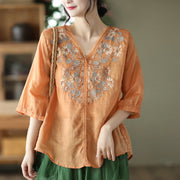 Buddha Stones Retro Embroidery V-Neck Design Half Sleeve Ramie Linen Shirt