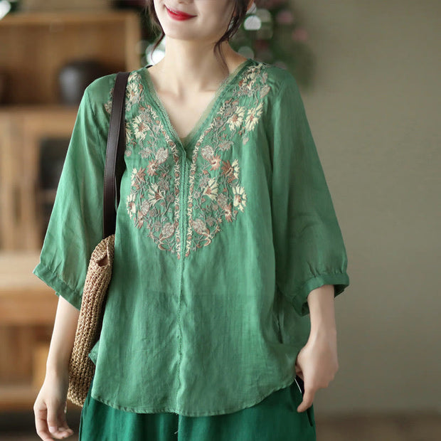 Buddha Stones Retro Embroidery V-Neck Design Half Sleeve Ramie Linen Shirt Women's Shirts BS PaleGreen F(Fit for US4-6; UK/AU8-10; EU36-38)