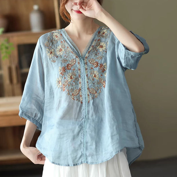 Buddha Stones Retro Embroidery V-Neck Design Half Sleeve Ramie Linen Shirt Women's Shirts BS LightBlue F(Fit for US4-6; UK/AU8-10; EU36-38)