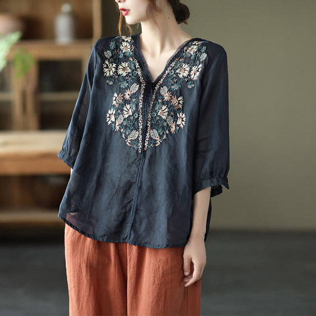 Buddha Stones Retro Embroidery V-Neck Design Half Sleeve Ramie Linen Shirt Women's Shirts BS SteelBlue F(Fit for US4-6; UK/AU8-10; EU36-38)